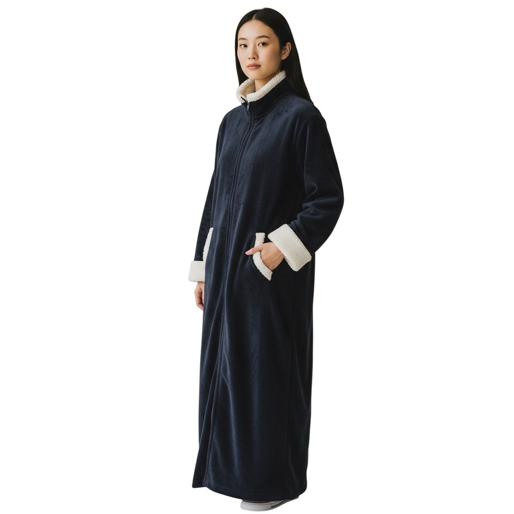 MISS ELAINE Plush Black Maxi Fleece Robe Full Front Zip White Rope Trim Size XL - Picture 12 of 13